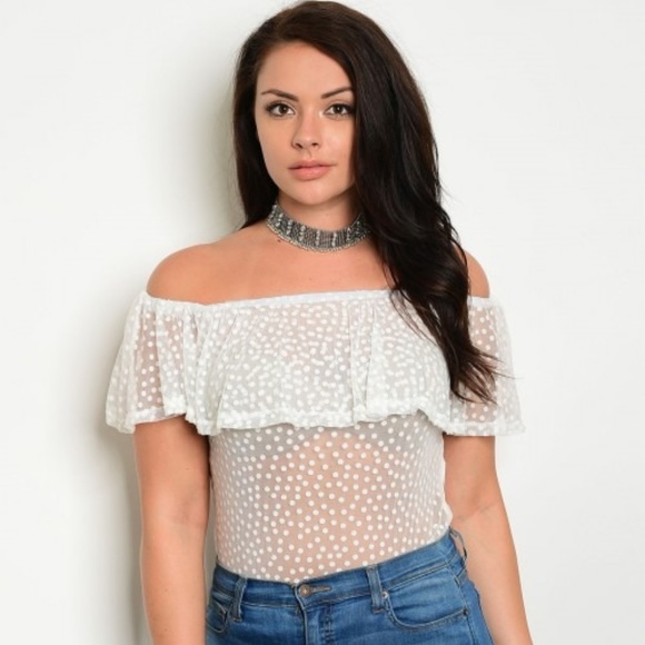 Tops - White Off the Shoulder Polka Dot Bodysuit - Plus.